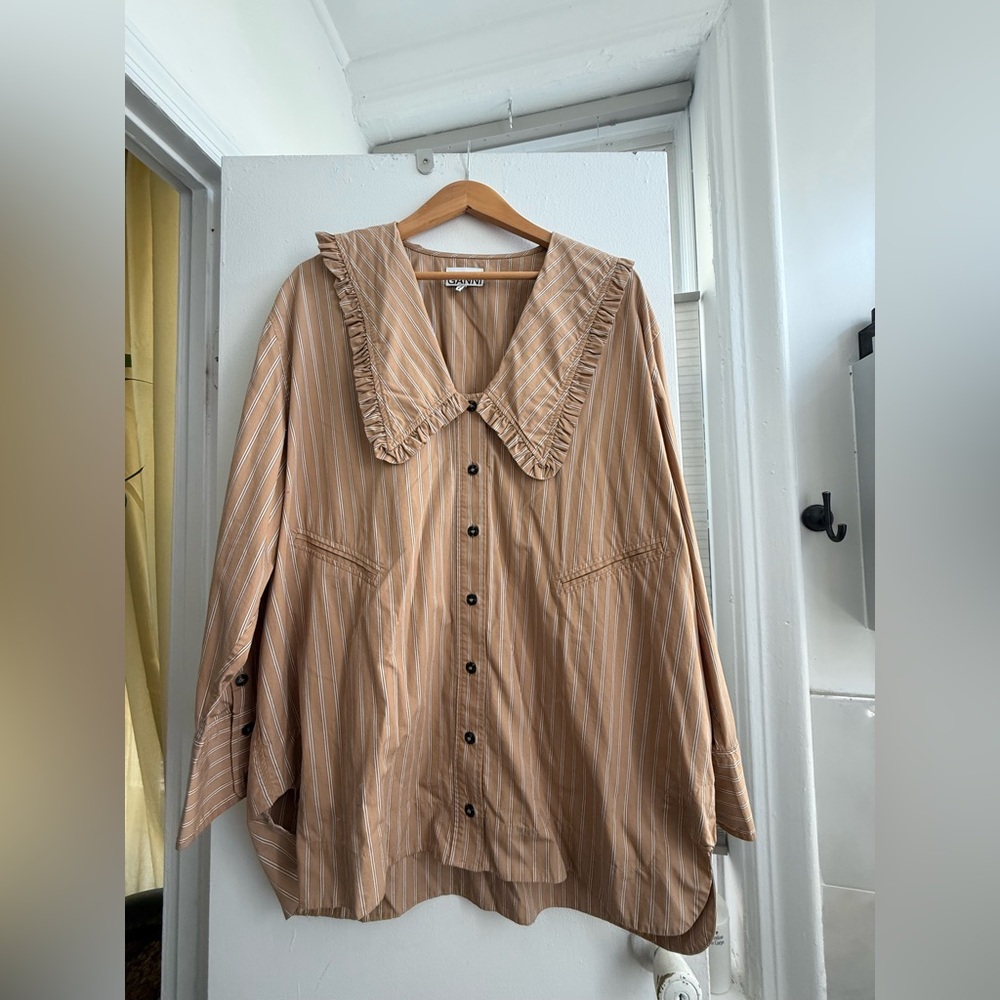 Ganni Tan Striped Button-Down Shirt with Ruffled Collar